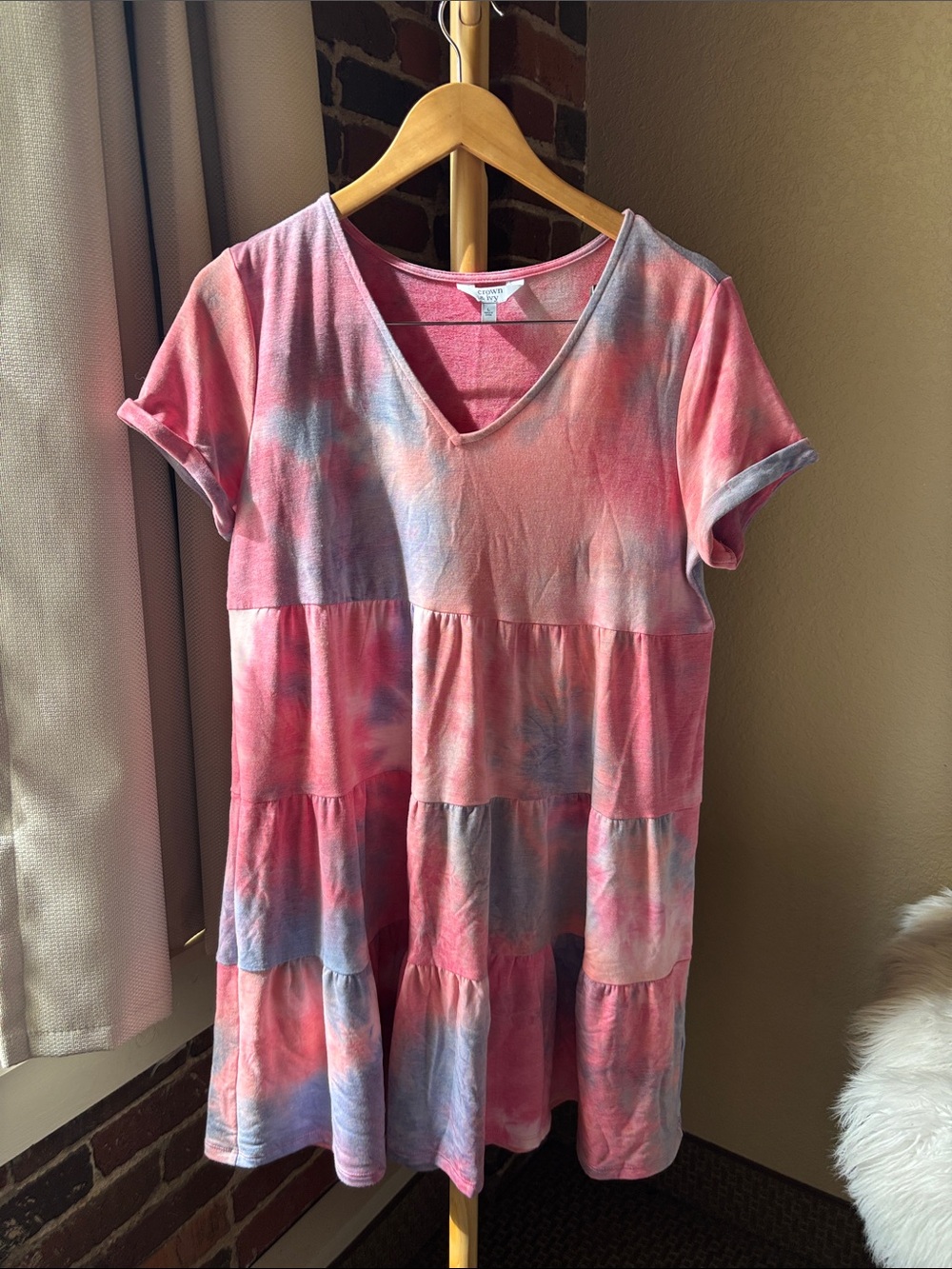 crown & ivy Pink Tie-Dye Tiered Mini Dress Size L